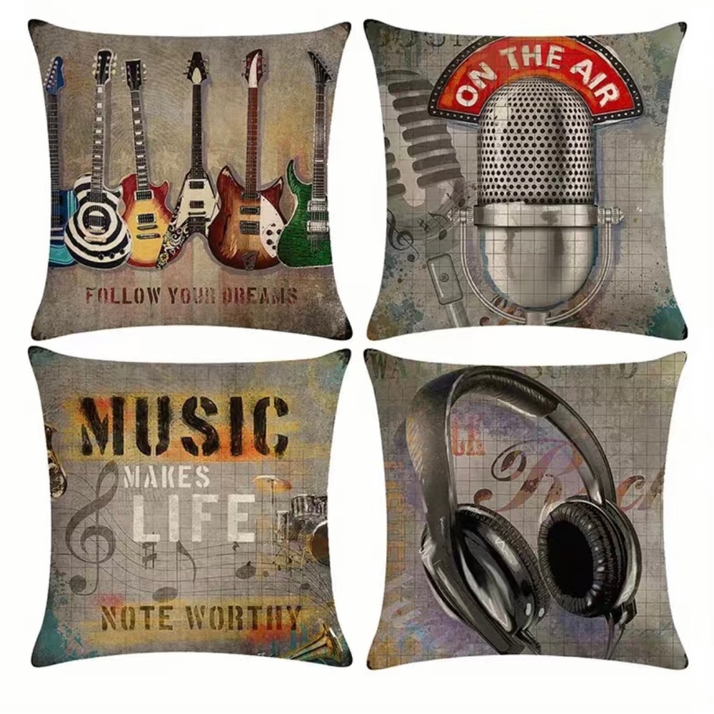 4 Pc Throw Pillow Covers‎ Guitar Microphone Headphone No Pillow Insert, 18*18in